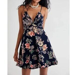 Free People Womens Corduroy Looking Glass Mini Dress S Navy Blue Tank Floral